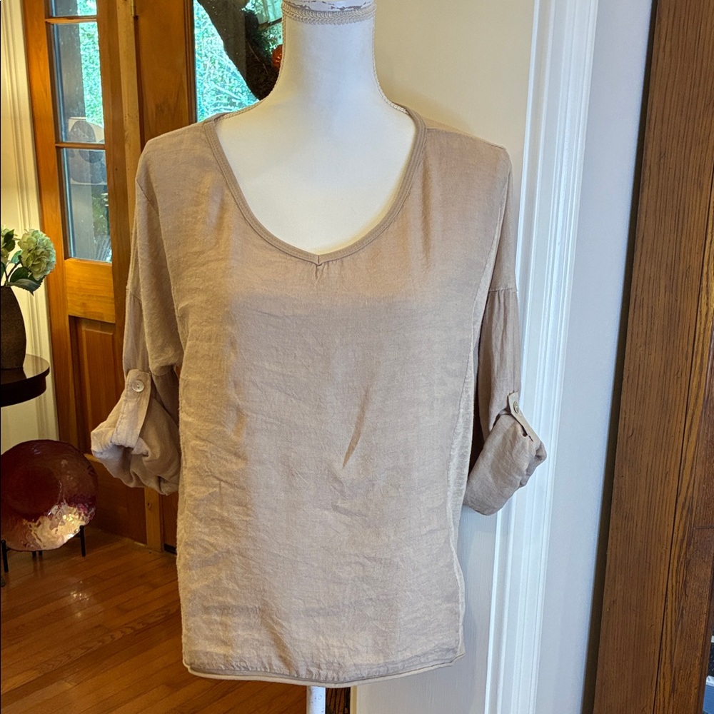 Ronnie Salloway Tan Blouse with Roll-Up Sleeves 2 Tone Khaki Color 100% Linen